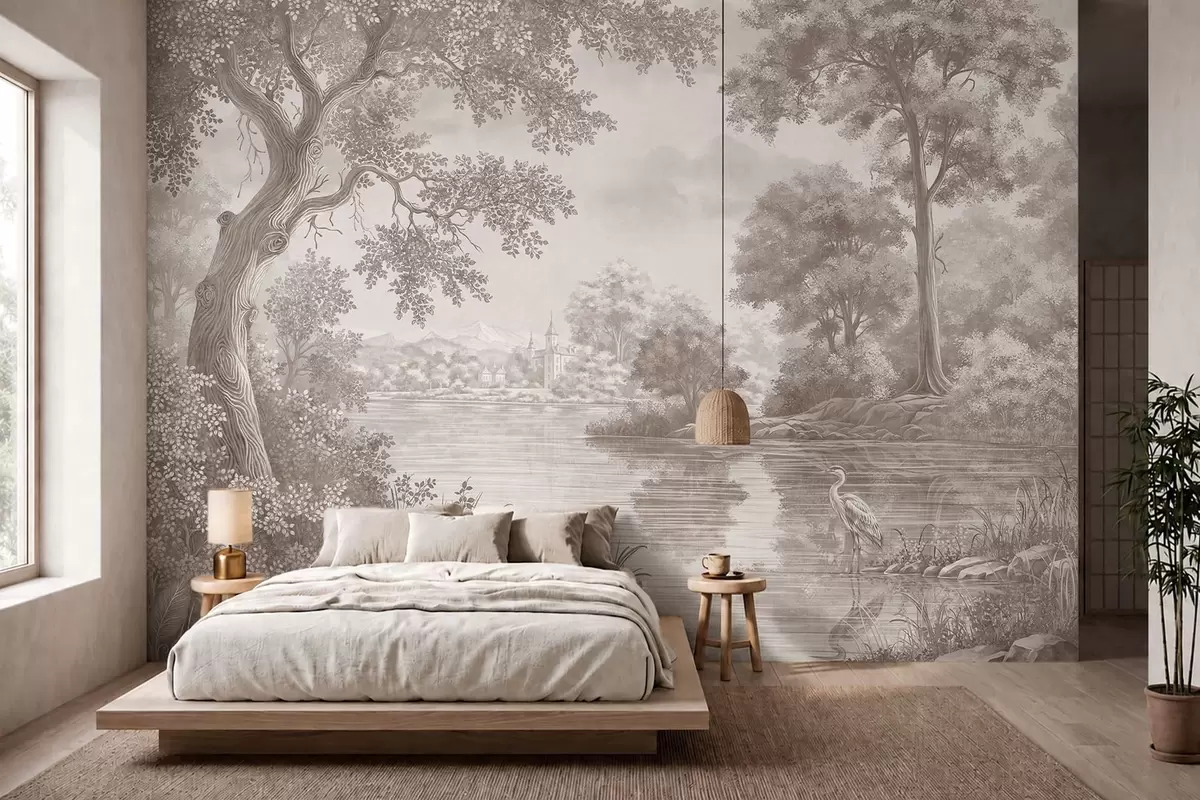 murales de pared Paisaje forestal monocromo con un lago y una garza w05805