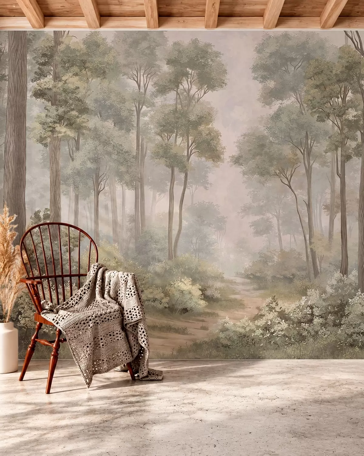 murales de pared Bosque brumoso con un sendero entre árboles y arbustos w05889v2