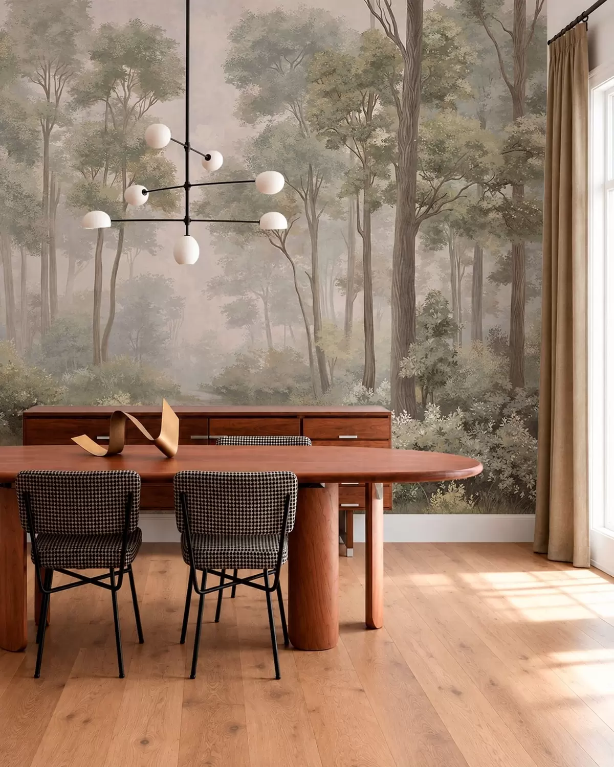 murales de pared Bosque brumoso con un sendero entre árboles y arbustos w05889v2
