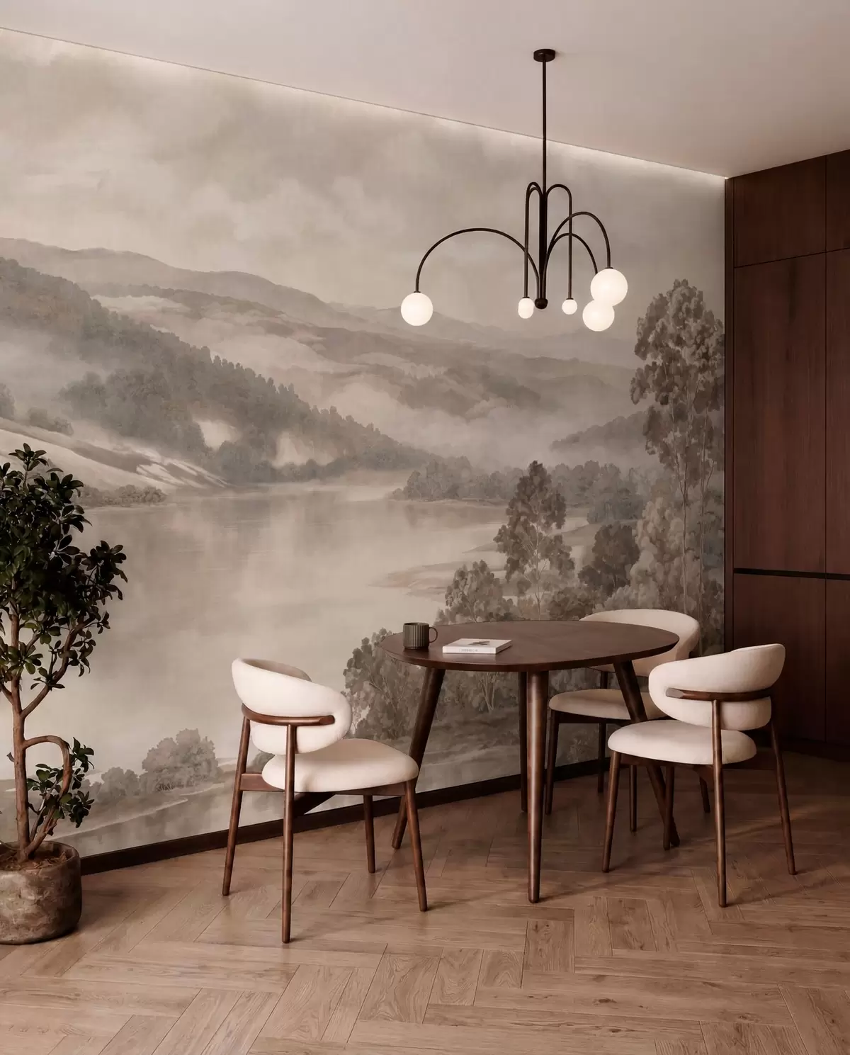 murales de pared Un lago tranquilo entre colinas y bosques envueltos en niebla w05928