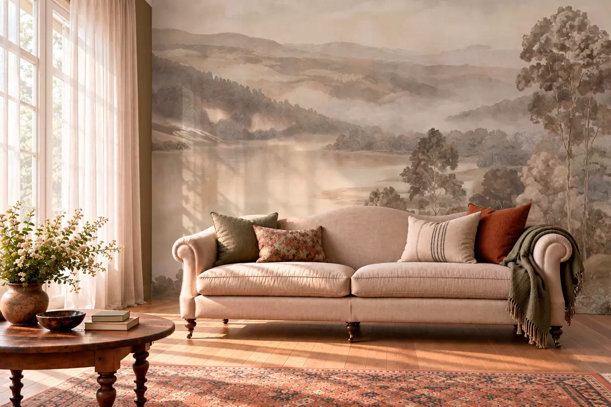 murales de pared Un lago rodeado de montañas boscosas en cálidos tonos pastel w05928v1