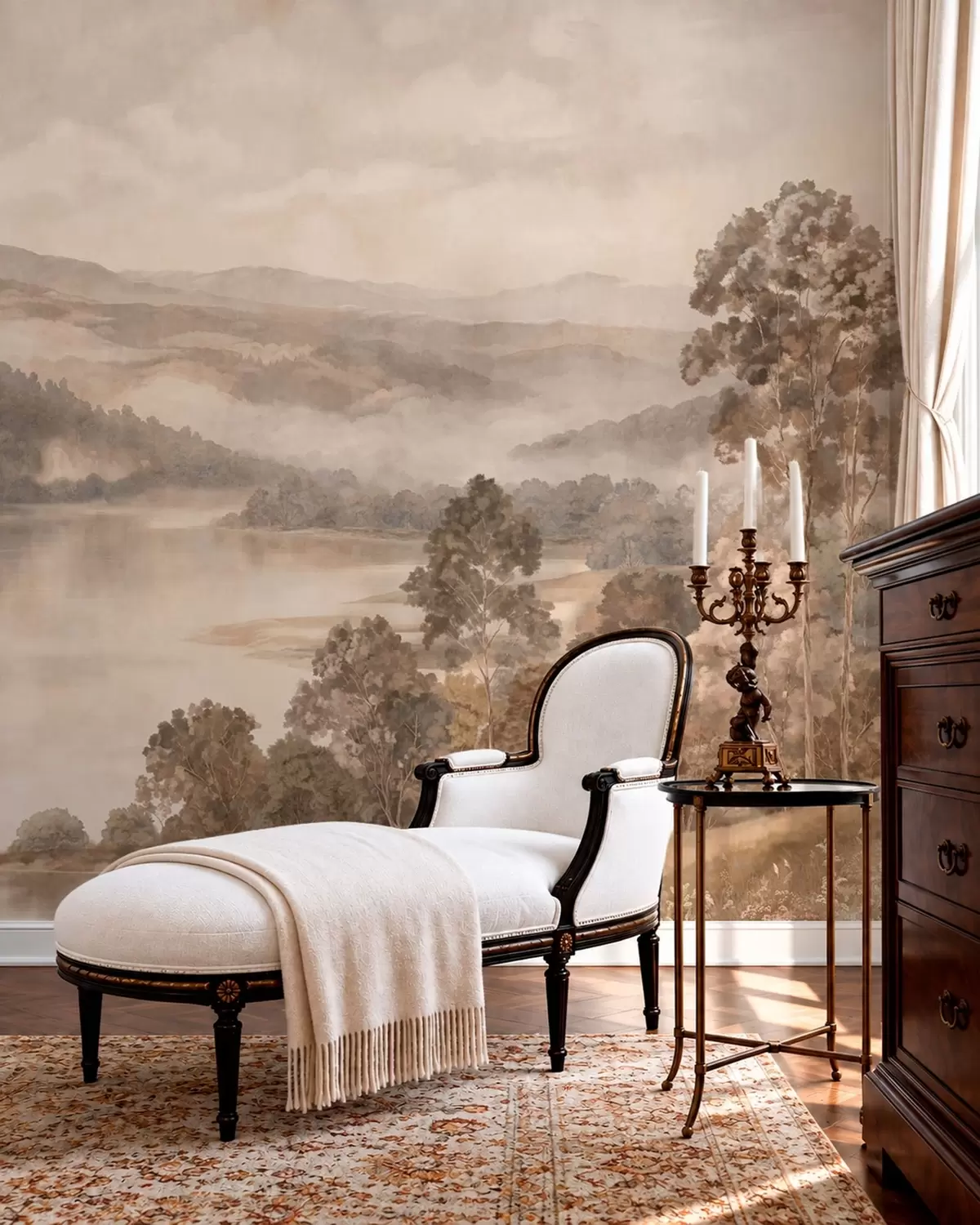 murales de pared Un lago rodeado de montañas boscosas en cálidos tonos pastel w05928v1