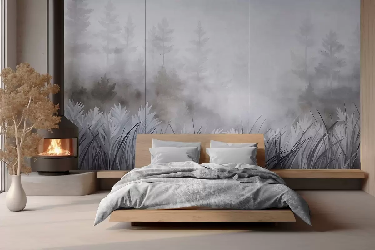 murales de pared Paisaje con hierba alta silvestre y un bosque de pinos, en un estilo minimalista con textura w10082v1