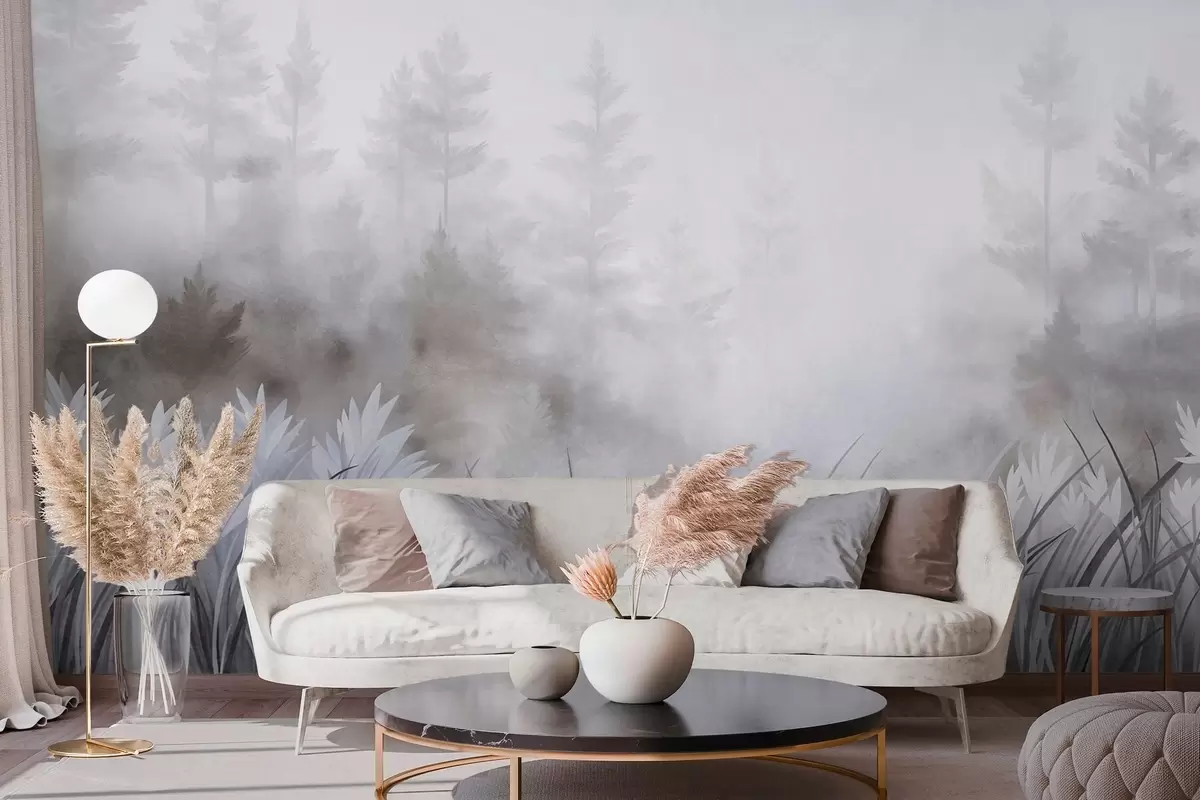 murales de pared Paisaje con hierba alta silvestre y un bosque de pinos, en un estilo minimalista con textura w10082v1