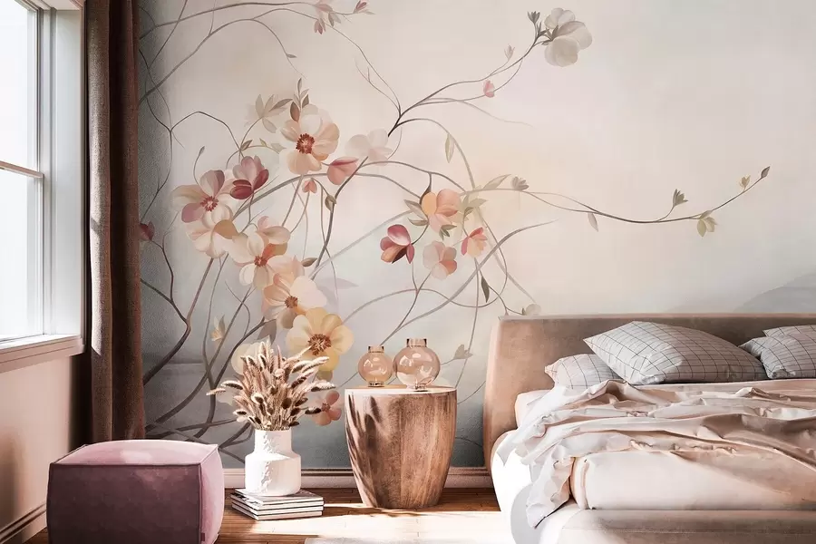 murales de pared Enredaderas con delicadas flores de color melocotón y crema w10083