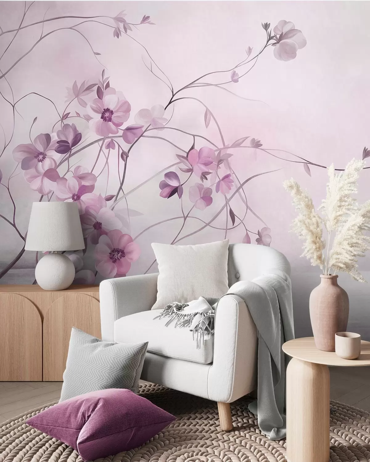 murales de pared Enredaderas sinuosas con delicadas flores de color rosa apagado w10083v1