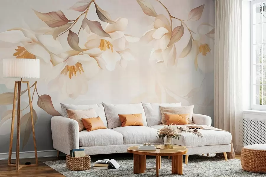 murales de pared Flores de magnolia con delicadas hojas marrones que cuelgan de las ramas w10086