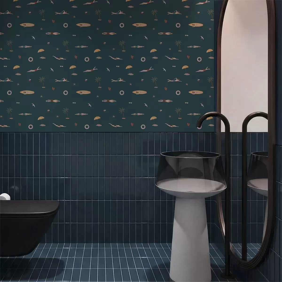 Papel pintado Nadadores, palmeras y accesorios de playa sobre un fondo azul oscuro a01276