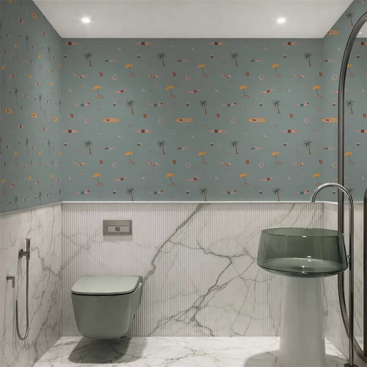 Papel pintado Nadadores, palmeras y accesorios de playa sobre un fondo verde salvia a01276v1