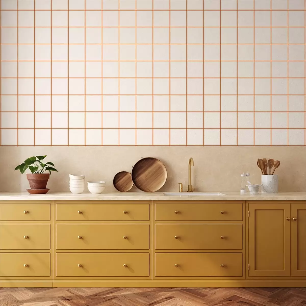 Papel pintado Cuadrícula de nueve cuadrados de color beige con bordes de color terracota a01277