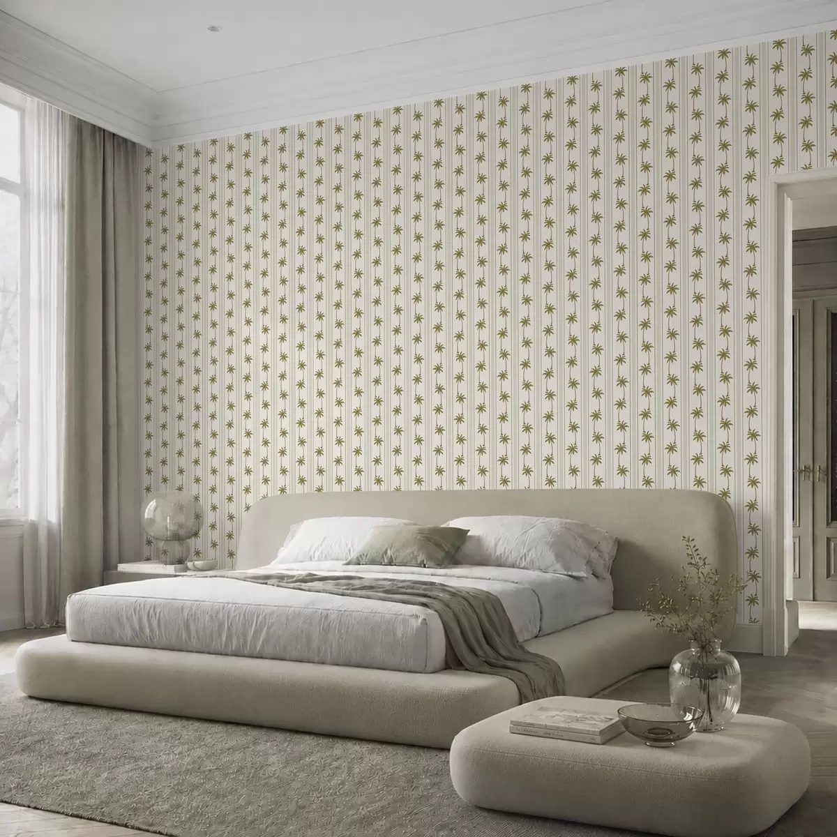 Papel pintado Rayas verticales con palmeras sobre un fondo claro a01278