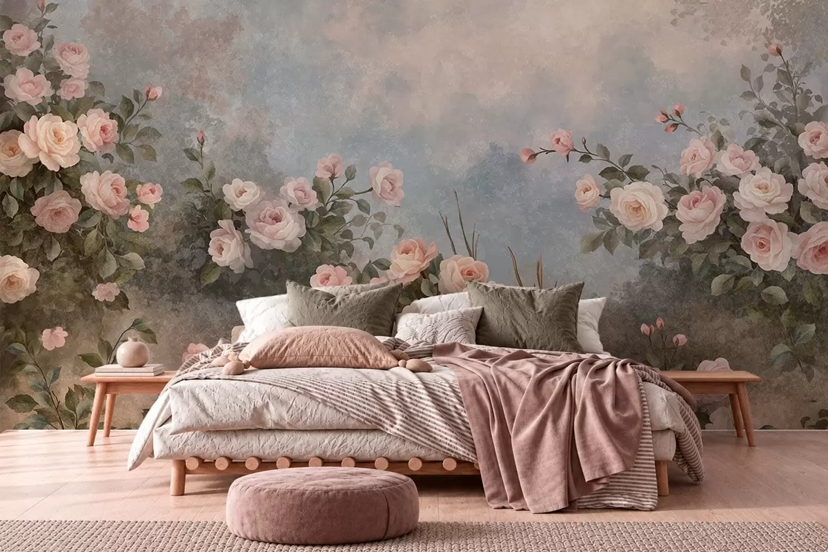 murales de pared Exuberantes rosales de color rosa en un paisaje brumoso w05888