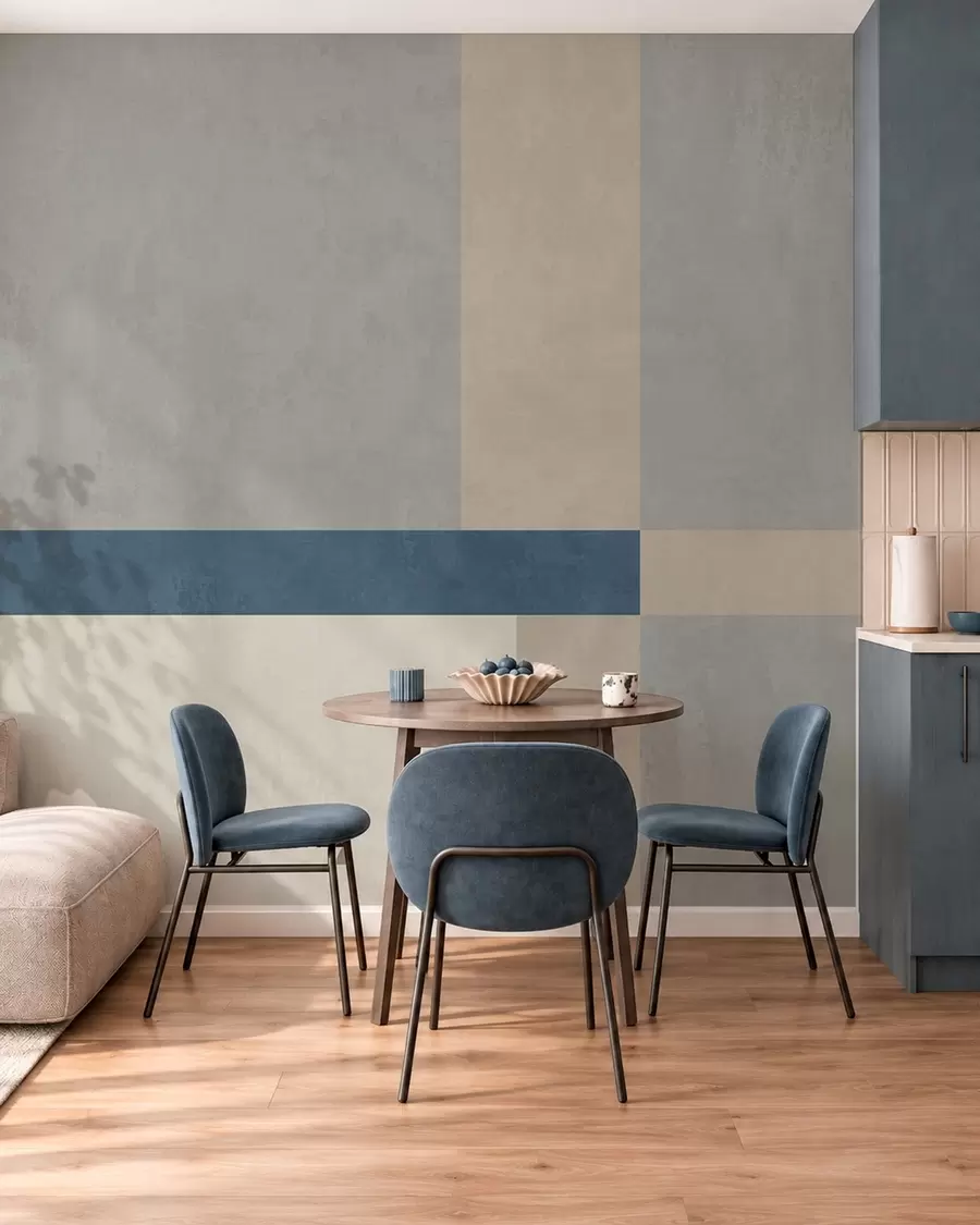 murales de pared Bloques geométricos en tonos grises y beige con una raya azul w05891v1