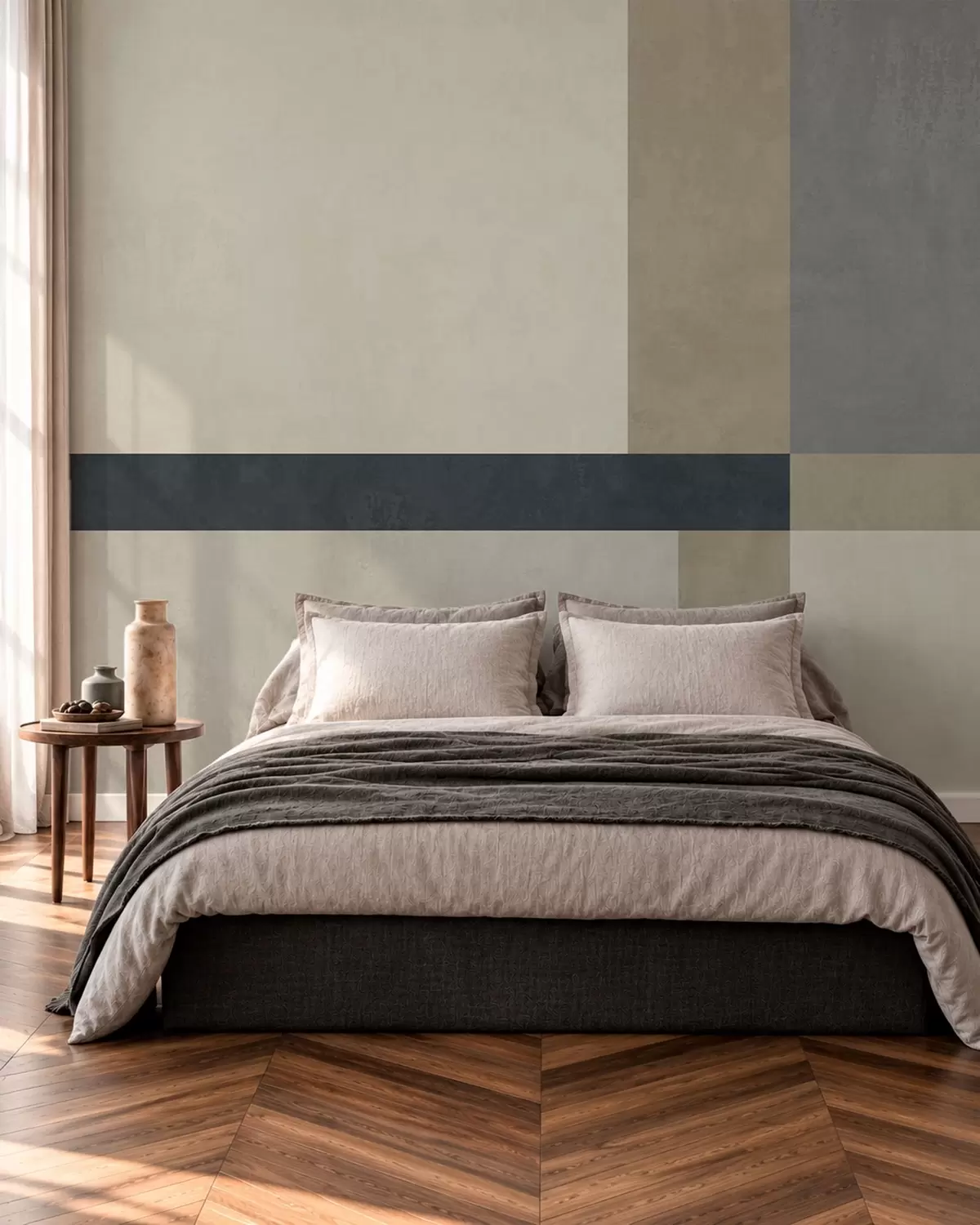 murales de pared Composición geométrica de bloques en tonos beige y gris con una franja oscura w05891v3