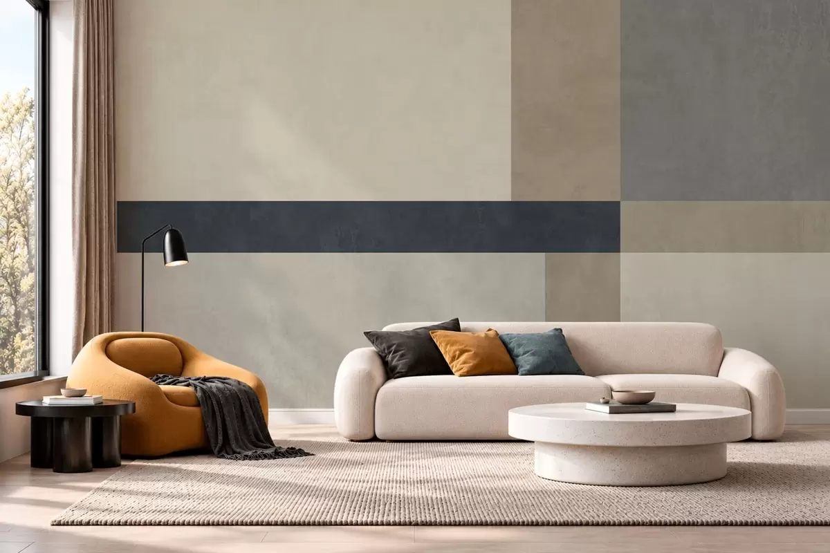 murales de pared Composición geométrica de bloques en tonos beige y gris con una franja oscura w05891v3