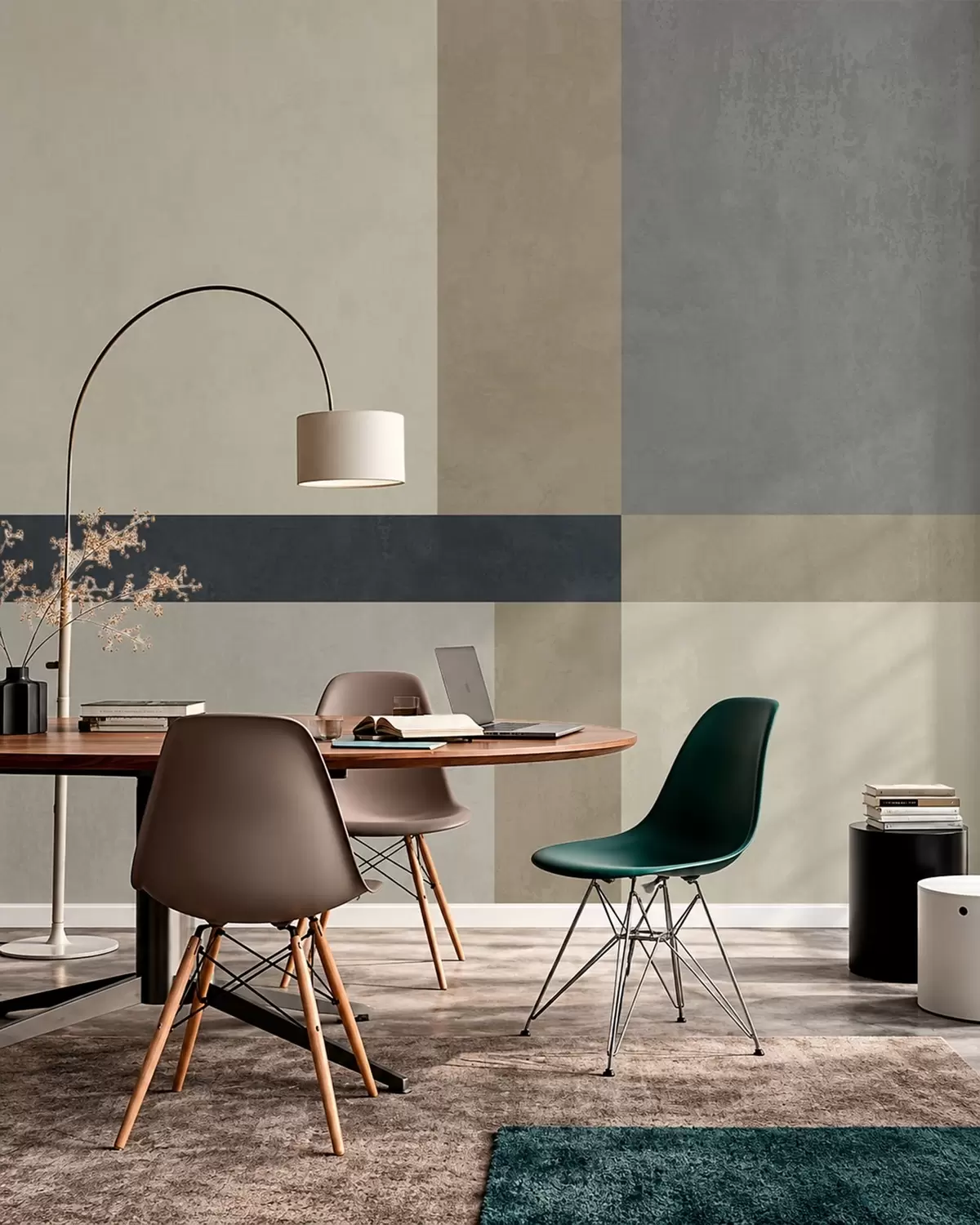 murales de pared Composición geométrica de bloques en tonos beige y gris con una franja oscura w05891v3
