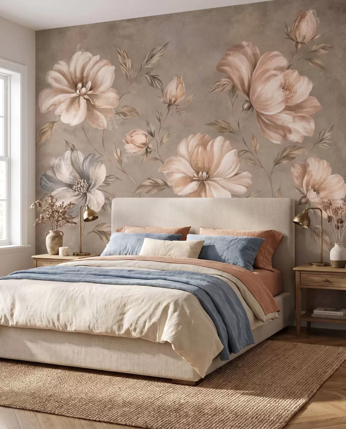 murales de pared Grandes flores de color crema y beige con hojas w05958