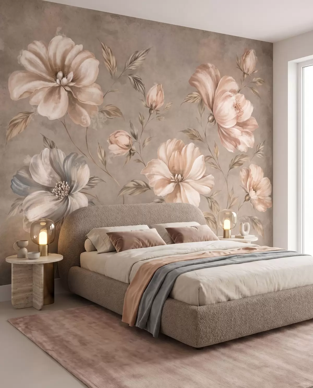 murales de pared Grandes flores de color crema y beige con hojas w05958