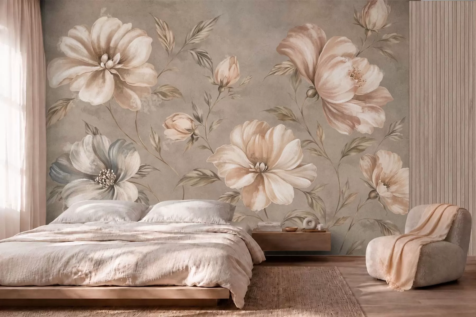 murales de pared Grandes flores de color crema y beige con hojas w05958