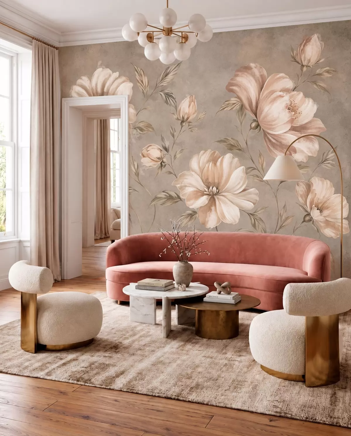 murales de pared Grandes flores de color crema y beige con hojas w05958