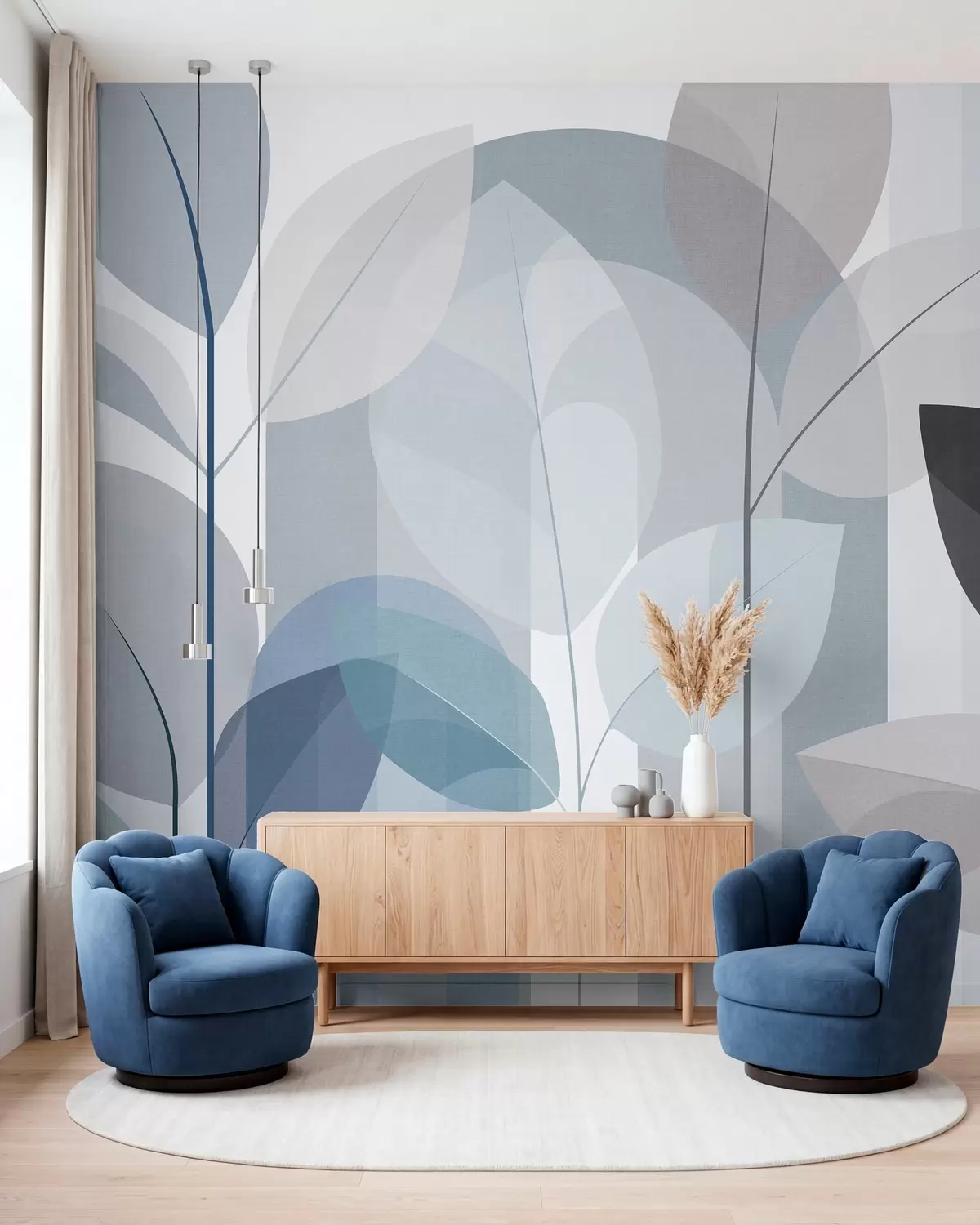 murales de pared un diseño abstracto con hojas en un estilo de tejido mate en tonos azules w05986v2