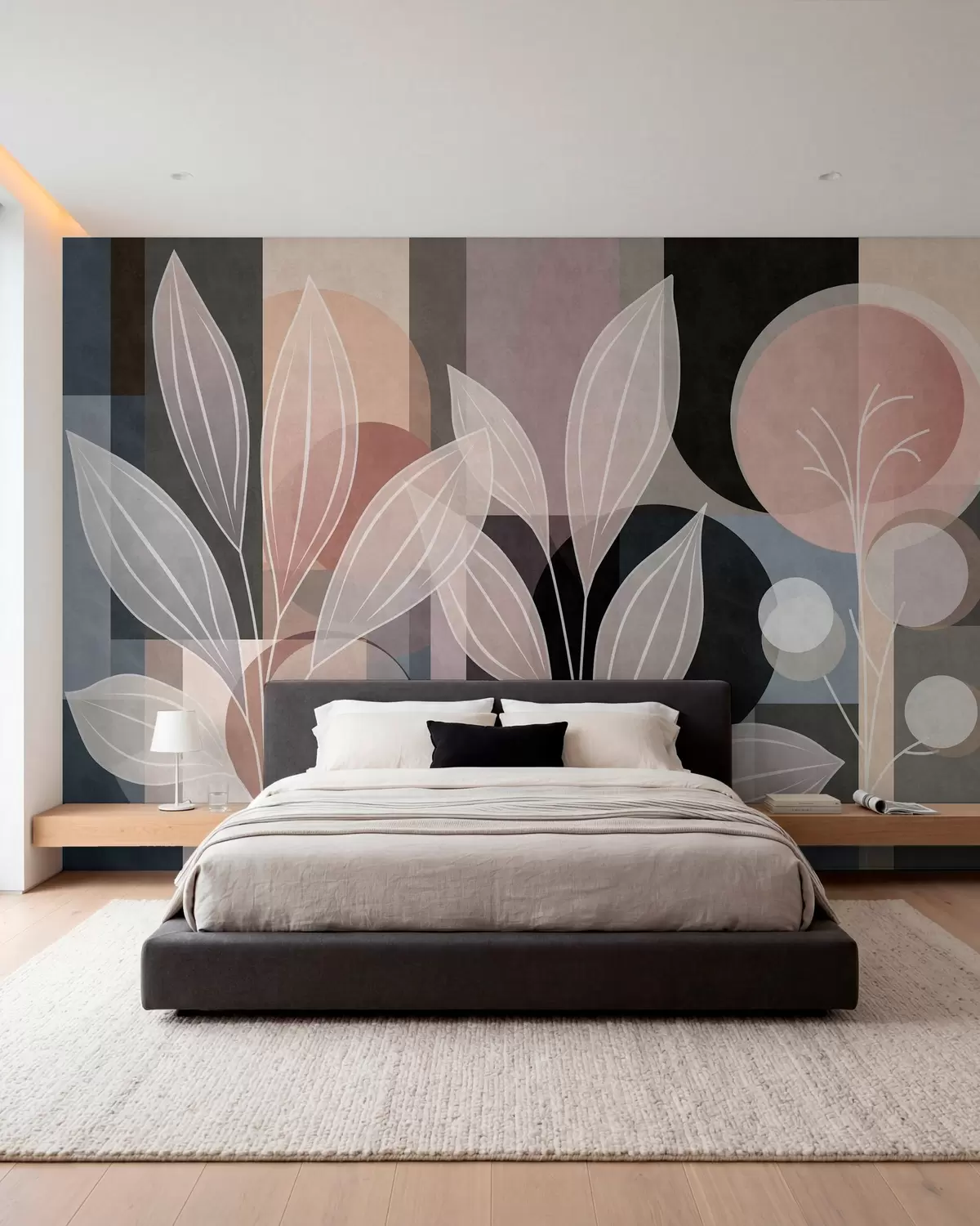 murales de pared folaje estilizado sobre un fondo geométrico en tonos empolvados y oscuros w05987v1
