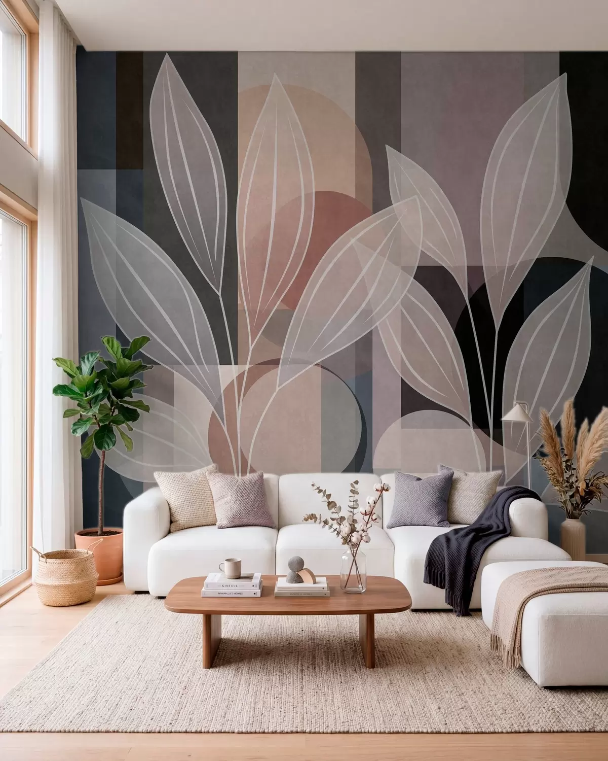 murales de pared folaje estilizado sobre un fondo geométrico en tonos empolvados y oscuros w05987v1
