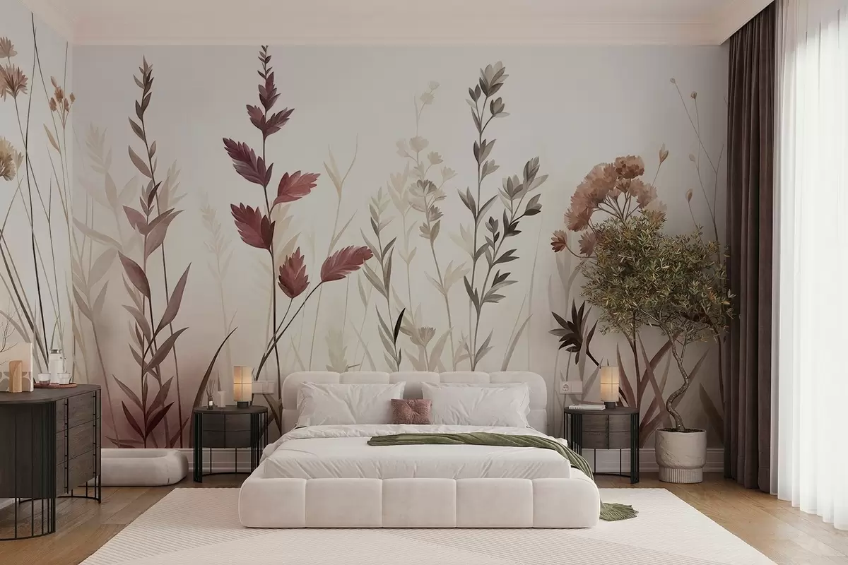murales de pared Hierbas silvestres altas y flores silvestres en tonos tierra apagados, estética minimalista w10084
