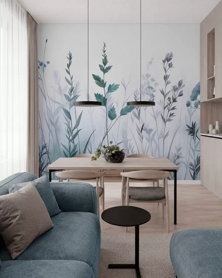 murales de pared Hierbas silvestres altas y flores silvestres en tonos azules apagados, estética minimalista w10084v2