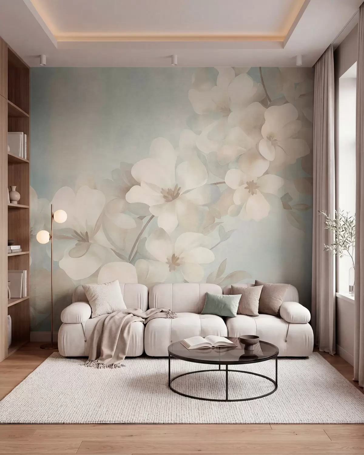 murales de pared Flores blancas en una rama, suaves tonos pastel, fondo azul claro con textura w10107