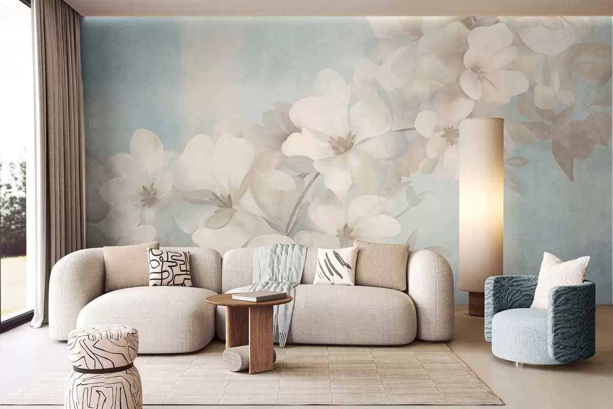murales de pared Flores blancas en una rama, suaves tonos pastel, fondo azul claro con textura w10107