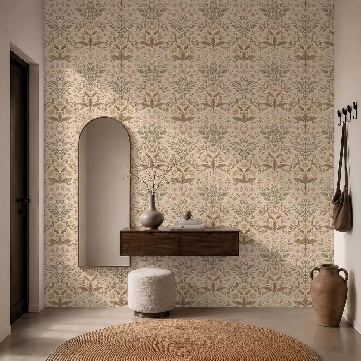 Papel pintado Flores de melocotonero y hojas de color verde oliva sobre un fondo beige a01279v1