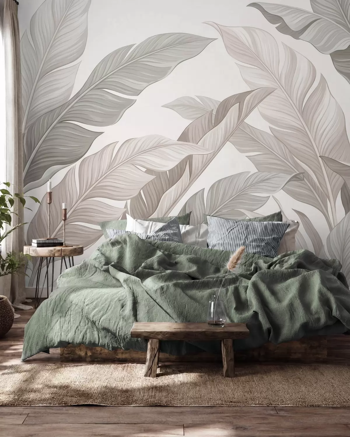 murales de pared Delicadas hojas botánicas en tonos beige natural y verde salvia w10089