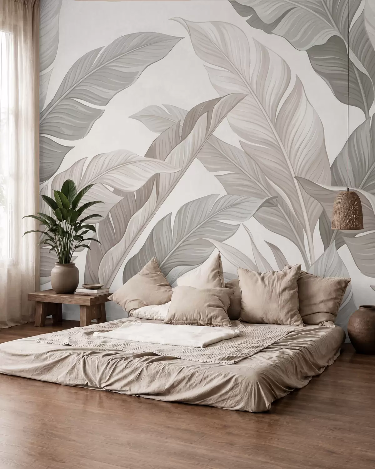 murales de pared Delicadas hojas botánicas en tonos beige natural y verde salvia w10089