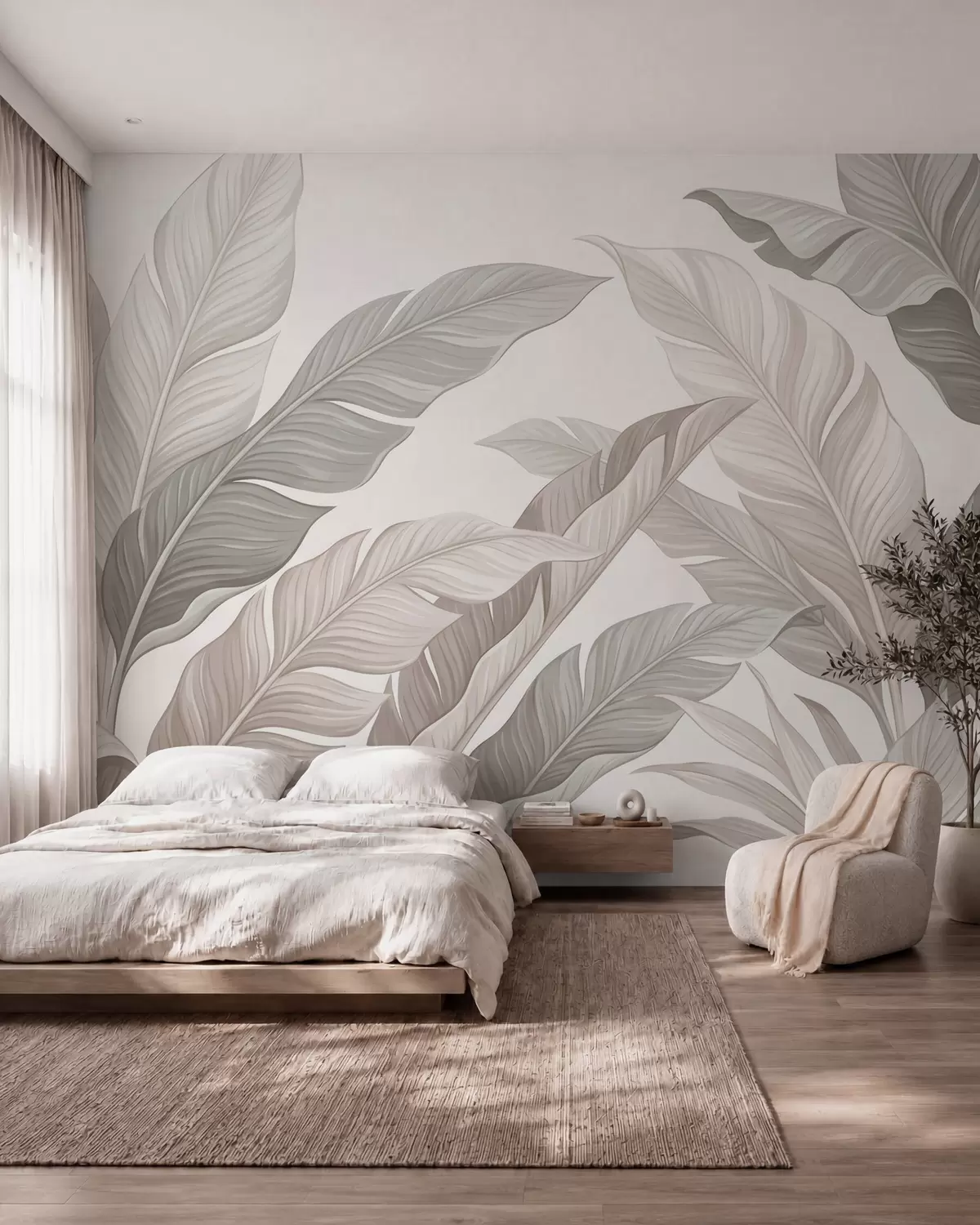 murales de pared Delicadas hojas botánicas en tonos beige natural y verde salvia w10089