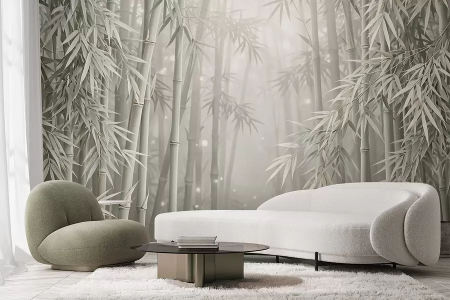 murales de pared Un bosque de bambú místico envuelto en una suave niebla, con tonos oliva apagados y blanco lechoso w10090