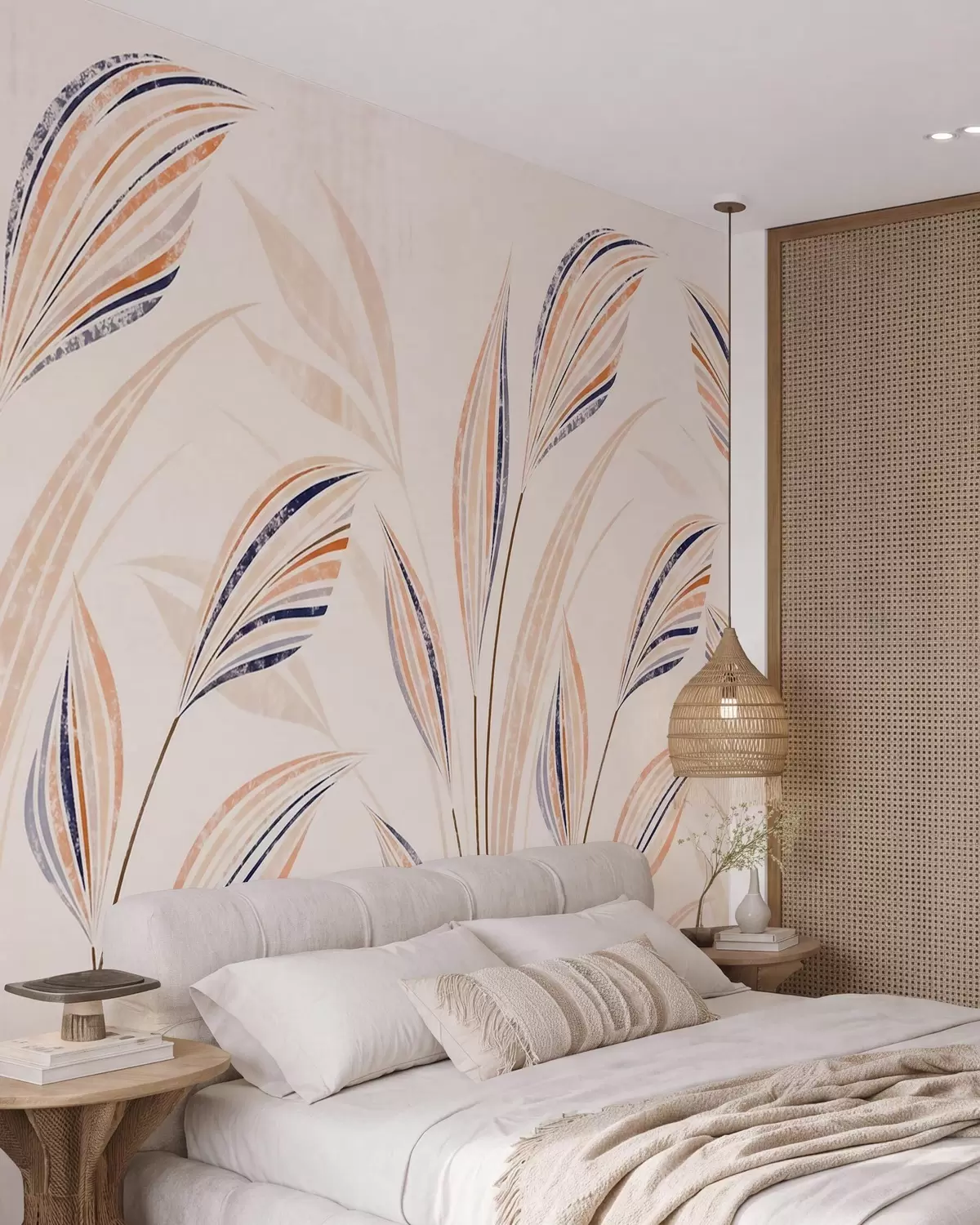 murales de pared Hierbas decorativas abstractas con elegantes hojas alargadas en tonos melocotón, crema y azul acuarela w10093