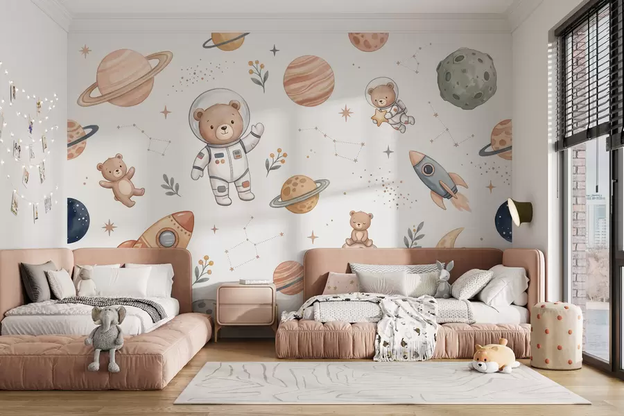 murales de pared Simpáticos ositos de peluche astronautas entre planetas, cohetes y estrellas, en un suave estilo de acuarela en tonos pastel w10096