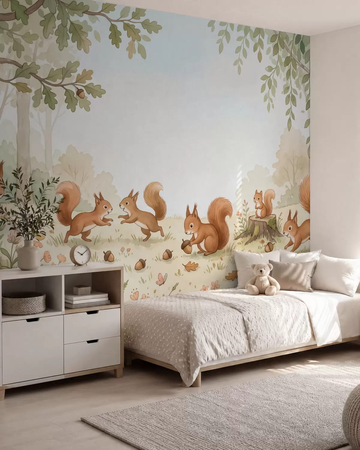 murales de pared Un bosque otoñal con mullidas ardillas rojas, bellotas y delicadas flores silvestres, pintado al estilo de la acuarela w10102
