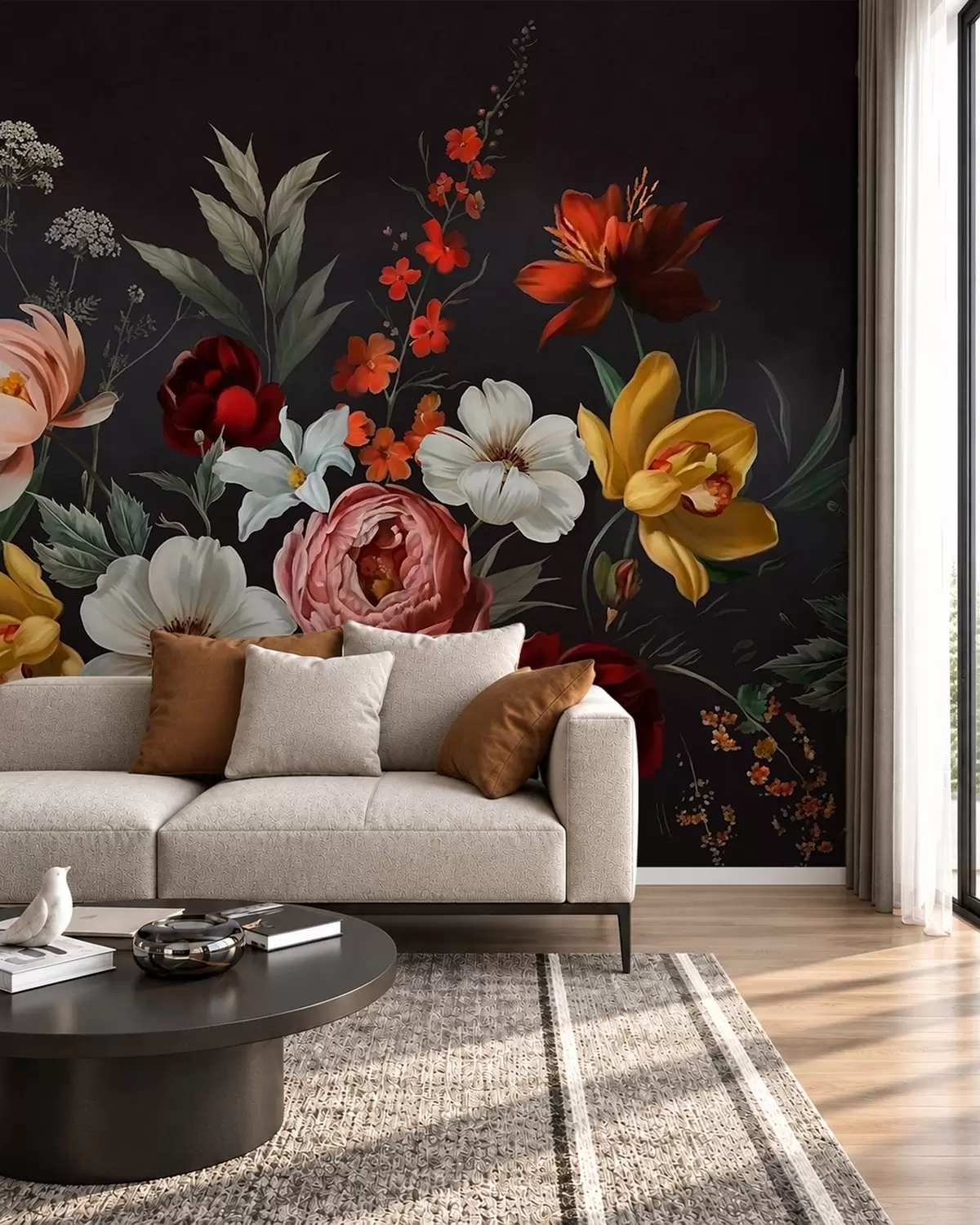 murales de pared Exuberante arreglo de flores de colores sobre un fondo oscuro w05960