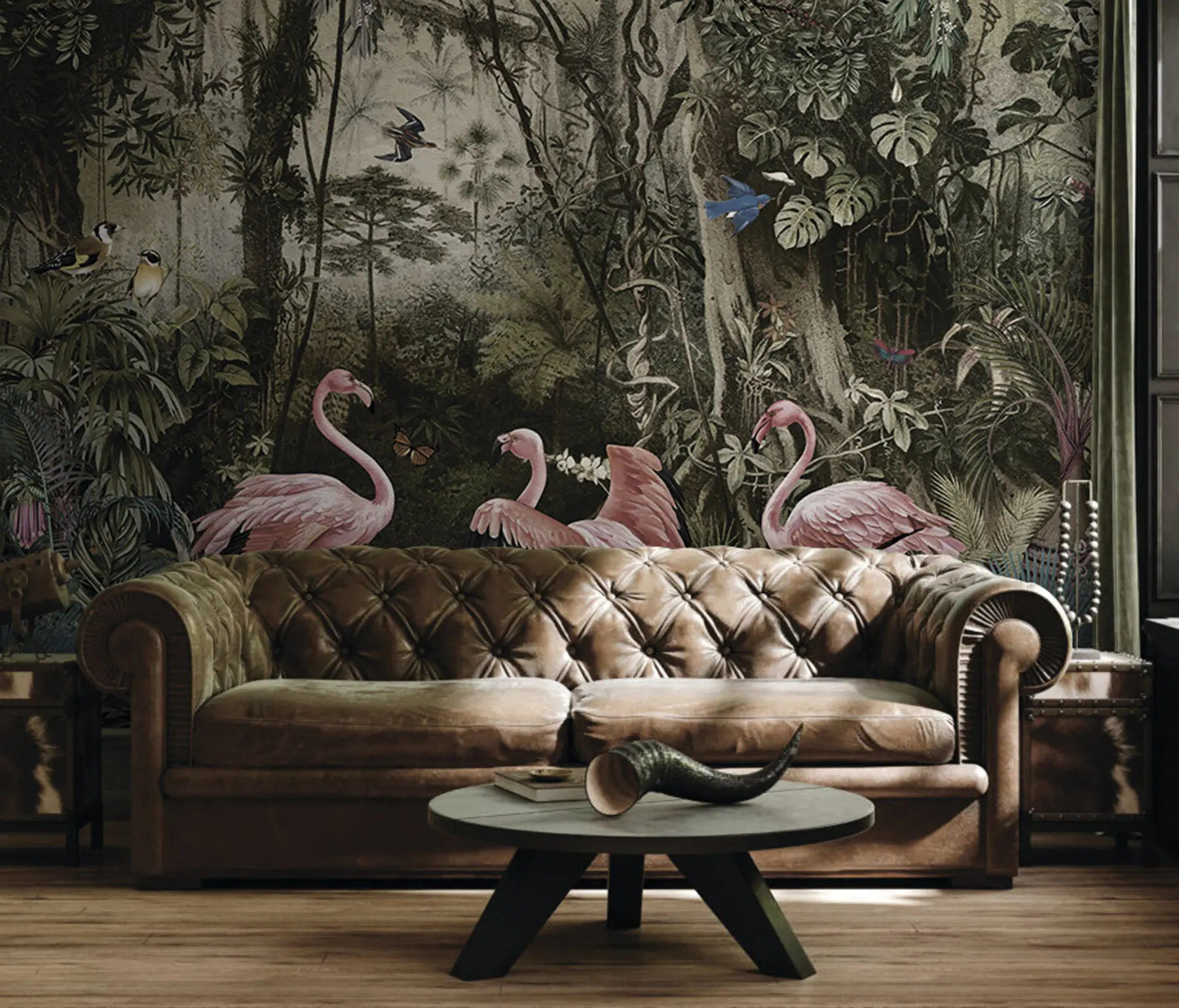 murales de pared Pájaros tropicales y flamencos en la jungla u73568