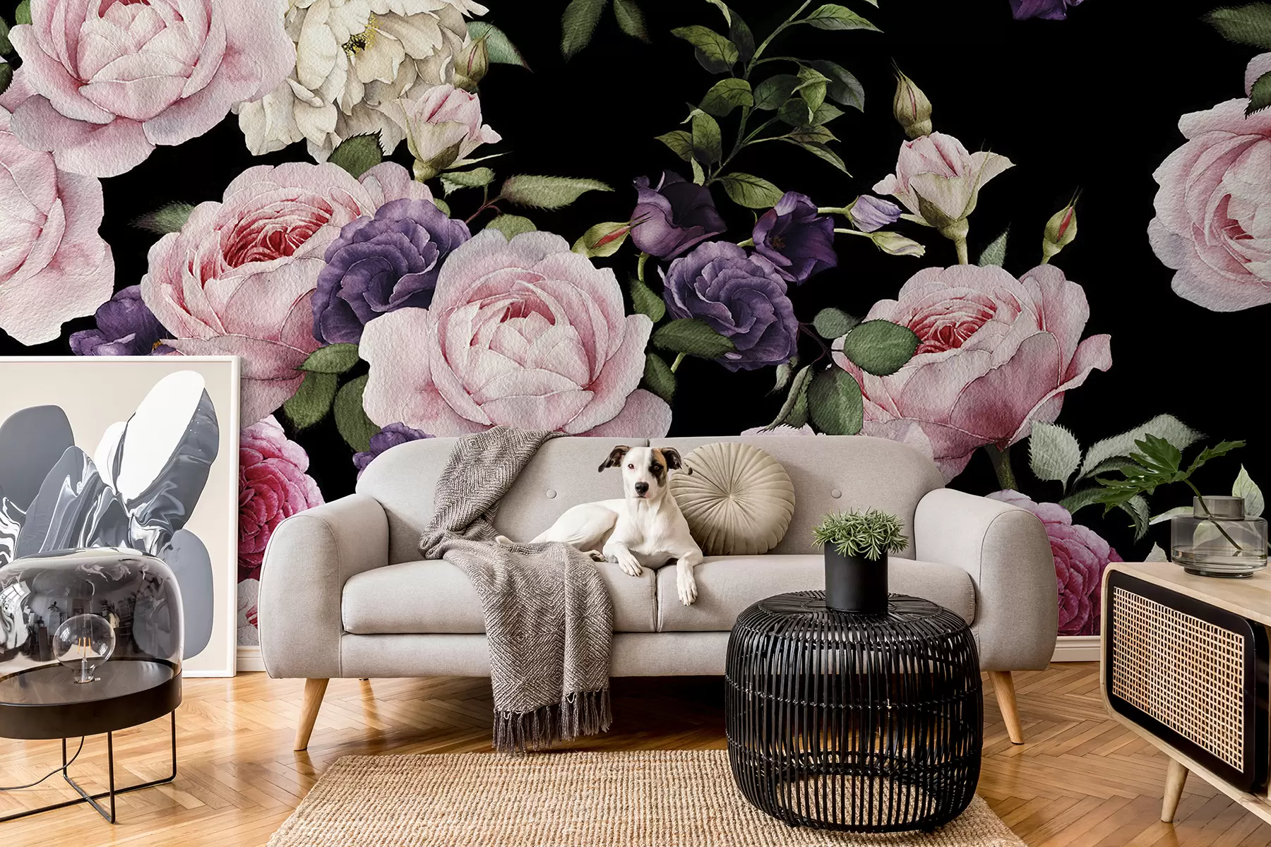 murales de pared Papel tapiz de rosa vintage - flores en tonos morados y rosados ​​- ideal para la cama y la sala de estar u93612