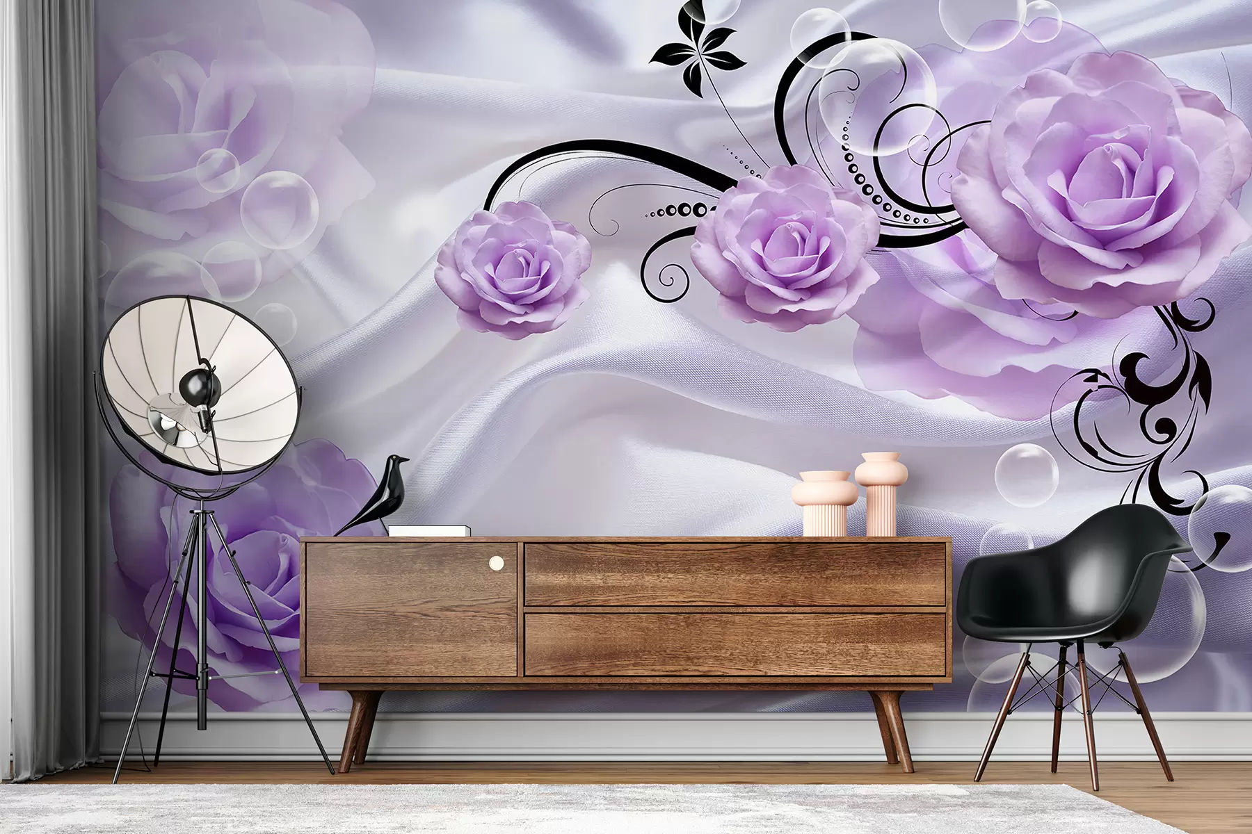 murales de pared Rosas moradas sobre seda u42142