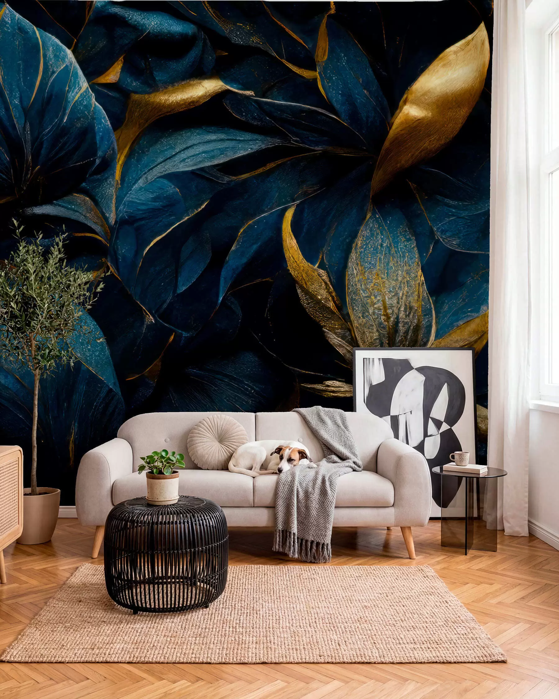 murales de pared Pétalos azules con oro u74140
