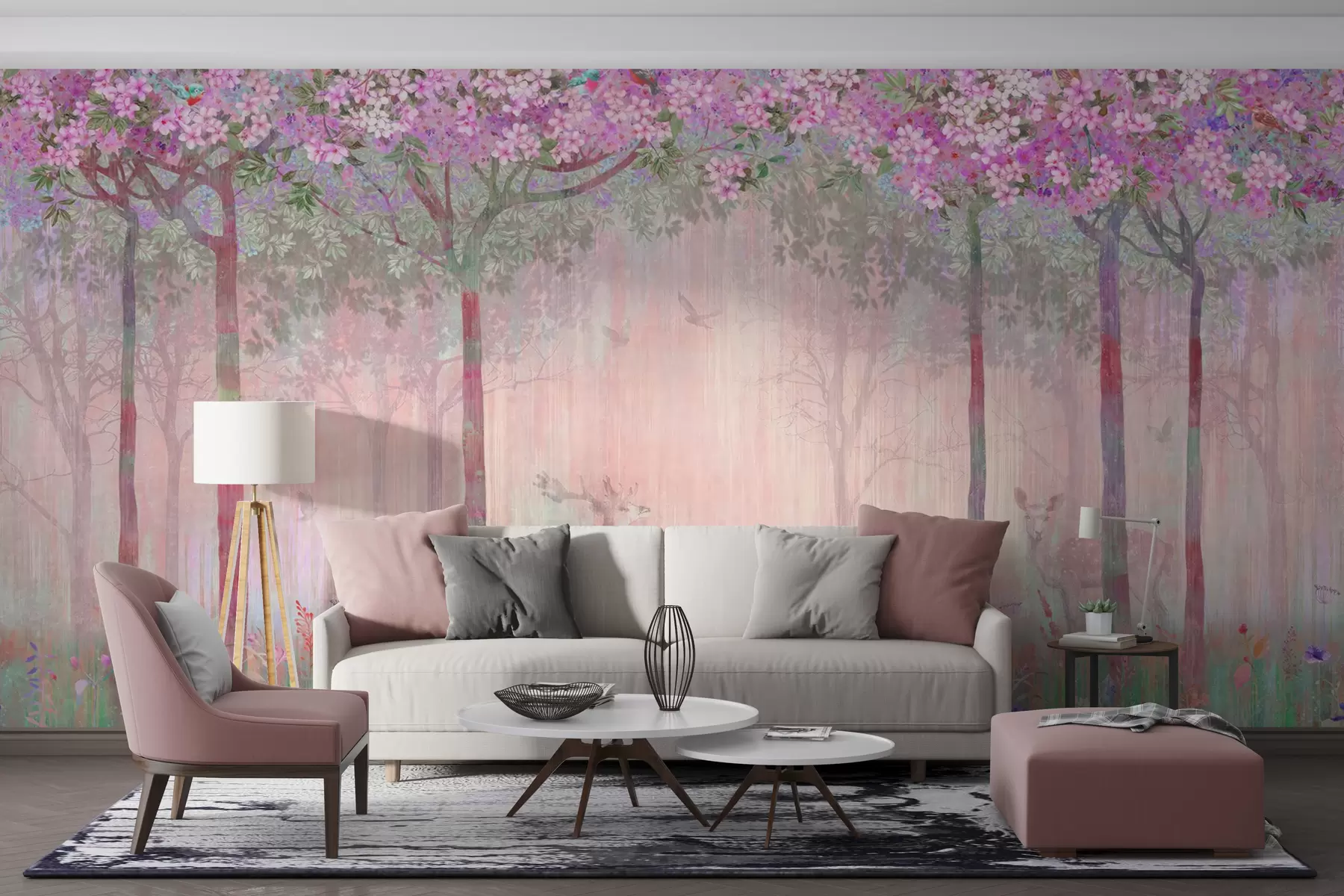 murales de pared Árboles en flor con troncos largos, ciervos entre los árboles u62100v3