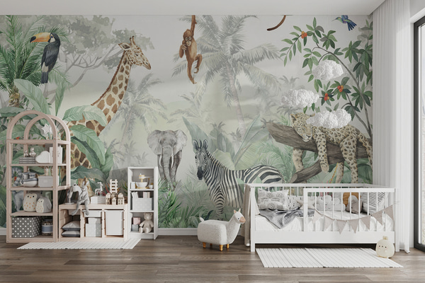 Fotomurale Papel pintado Panorama de la jungla con animales, Fotomurales Infantiles, u74709 : uwalls.ar