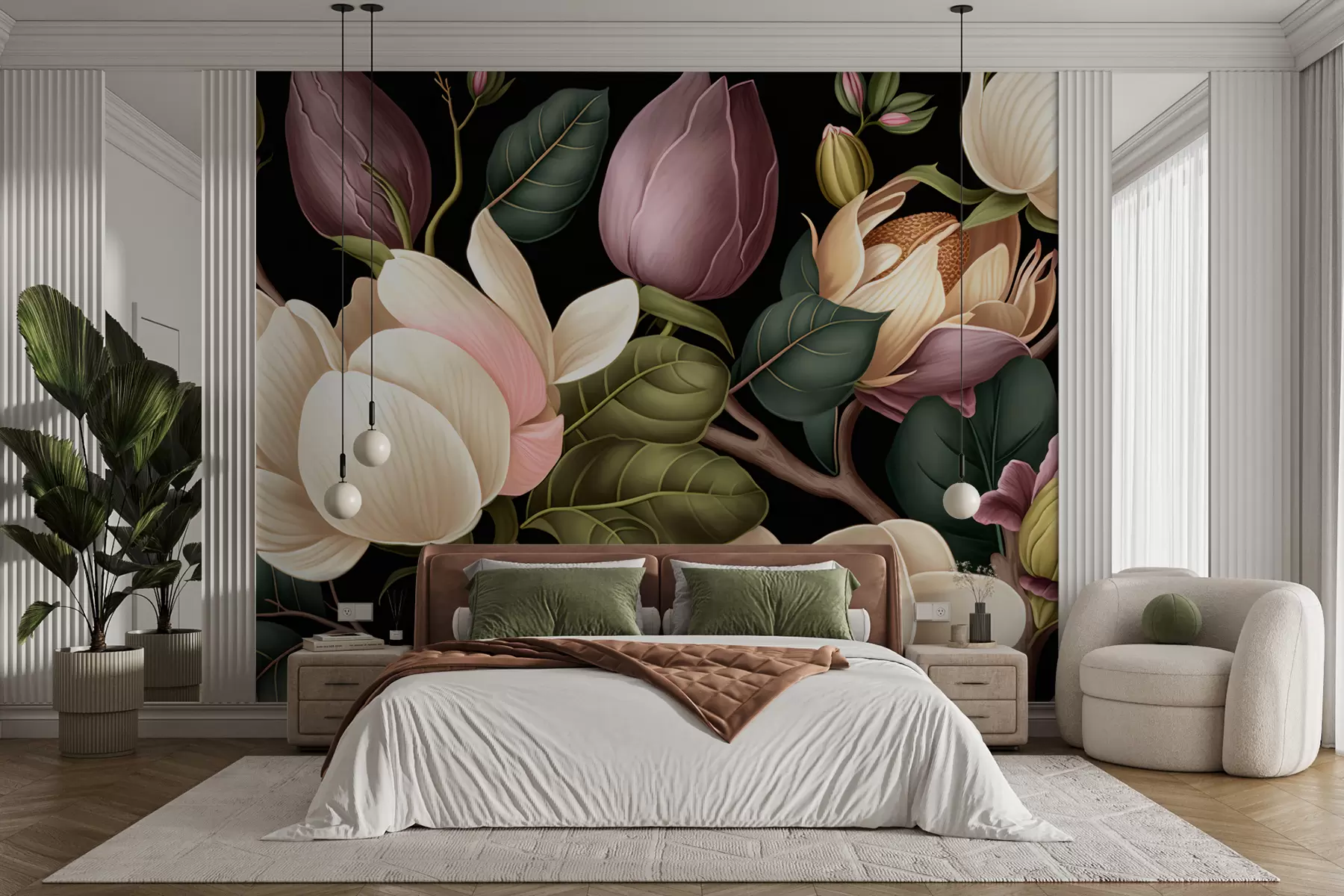 murales de pared Ramo de flores en una rama de árbol sobre un fondo negro u74756