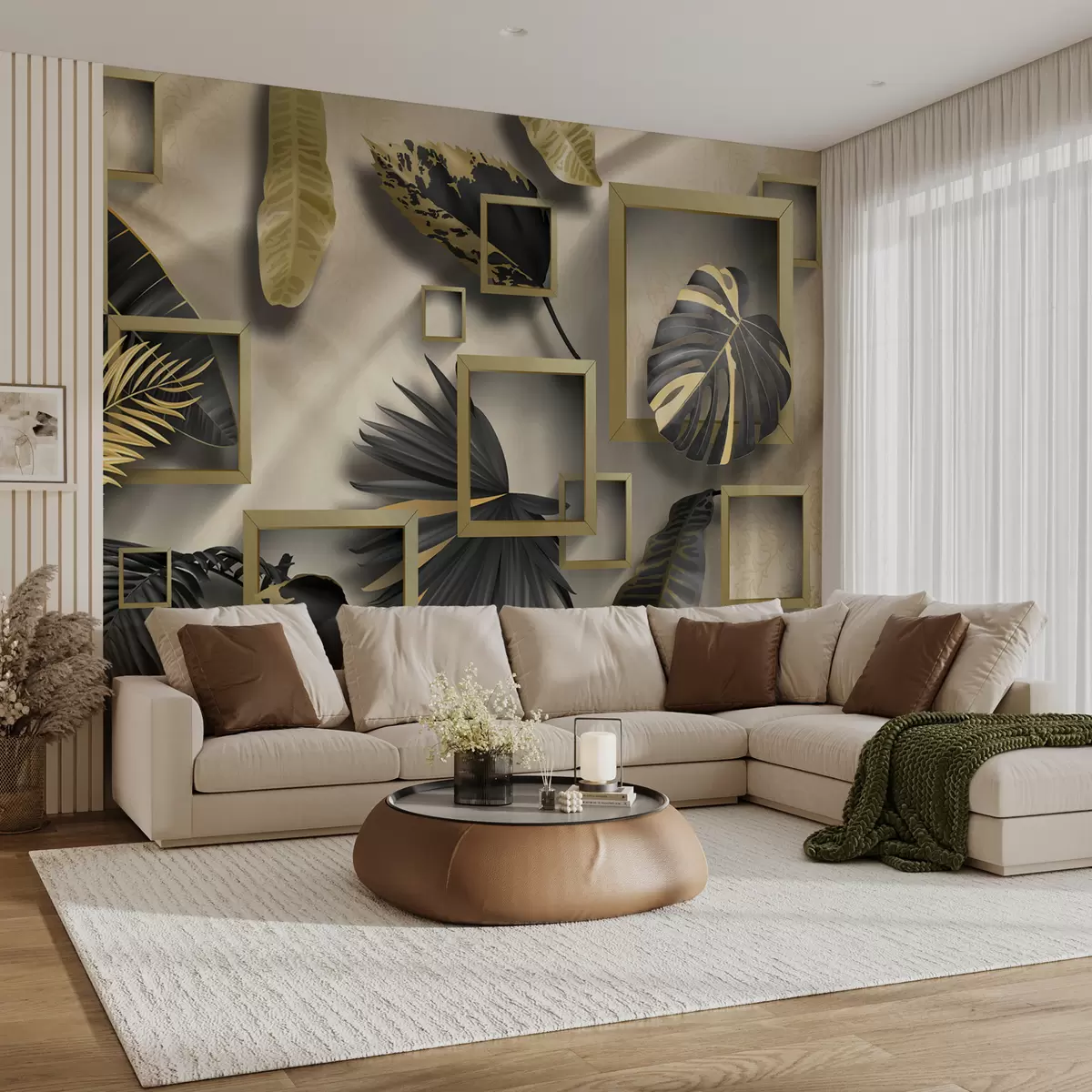 murales de pared Hojas tropicales contra el fondo de los rectángulos marrones u75342