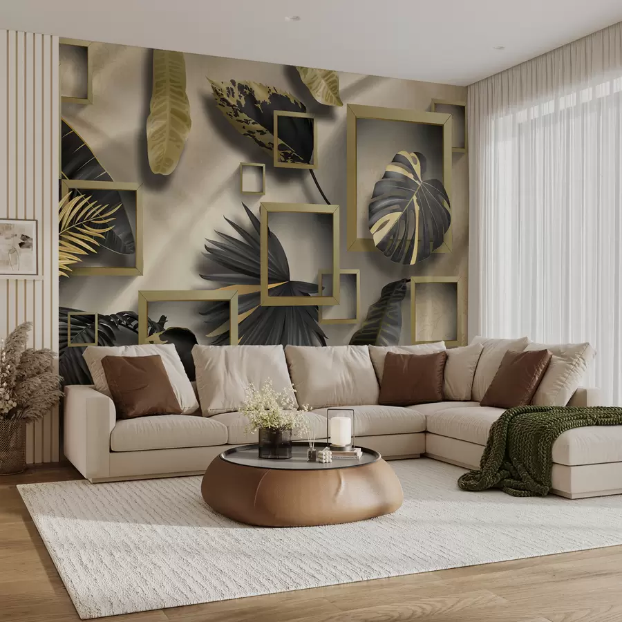 murales de pared Hojas tropicales contra el fondo de los rectángulos marrones u75342