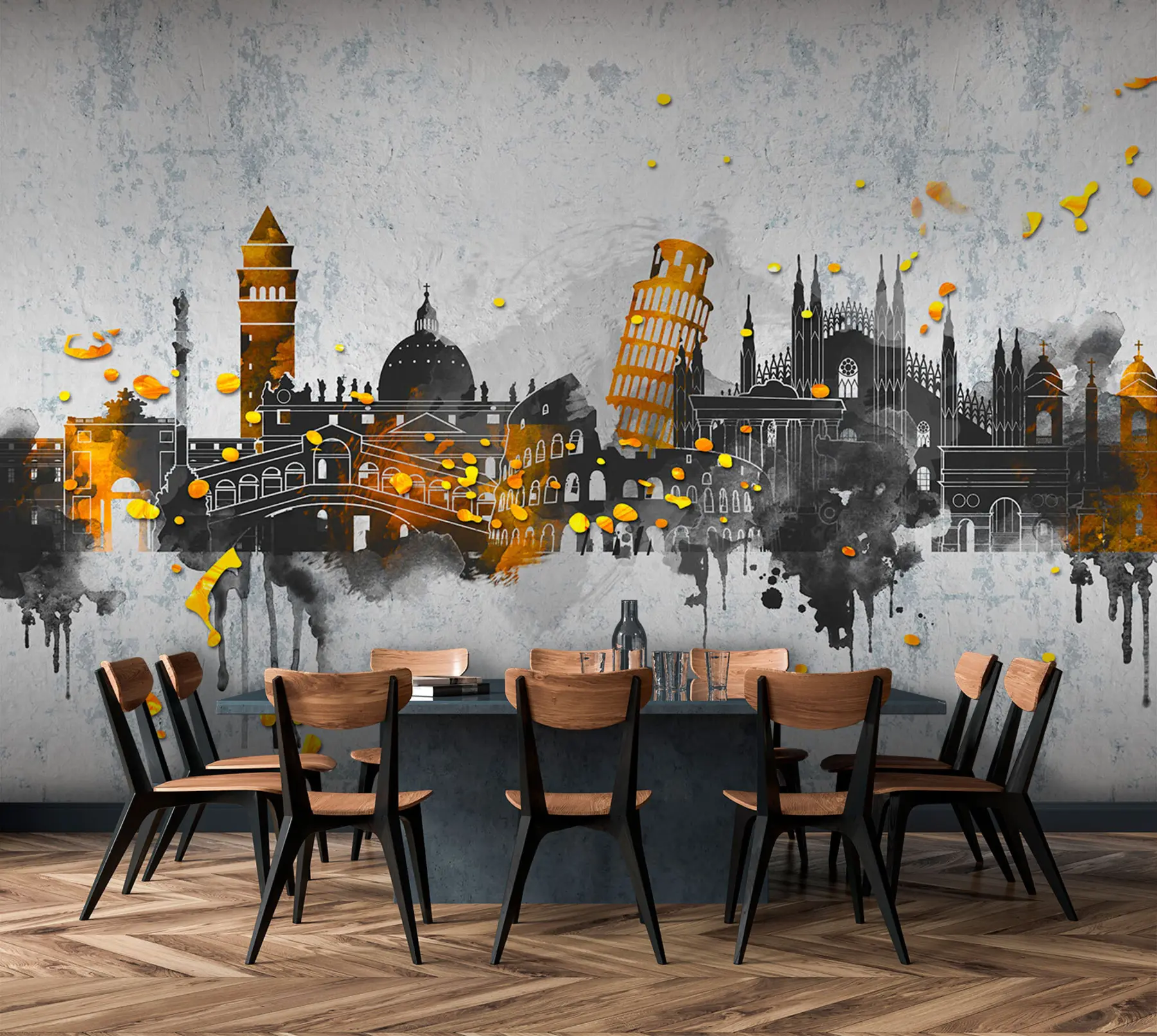 murales de pared Siluetas oscuras de atracciones de ciudades famosas u74881